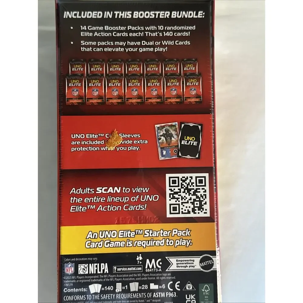 UNO Elite NFL 2025 Core Edition Booster Bundle Box 14 Packs 140 Cards Mattel NEW